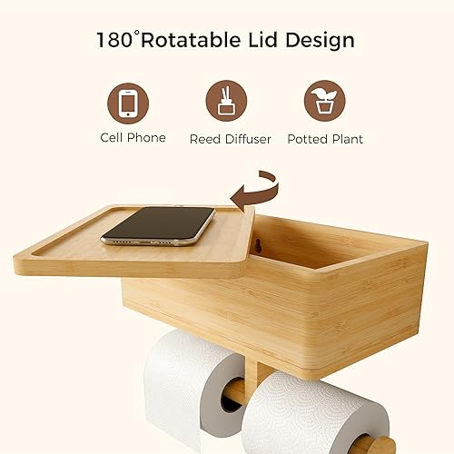 Miniatura 2 de Wealone Soporte de papel higiénico 3 en 1 con caja de almacenamiento, soporte de rollo de papel higiénico de bambú, organizador dispensador de