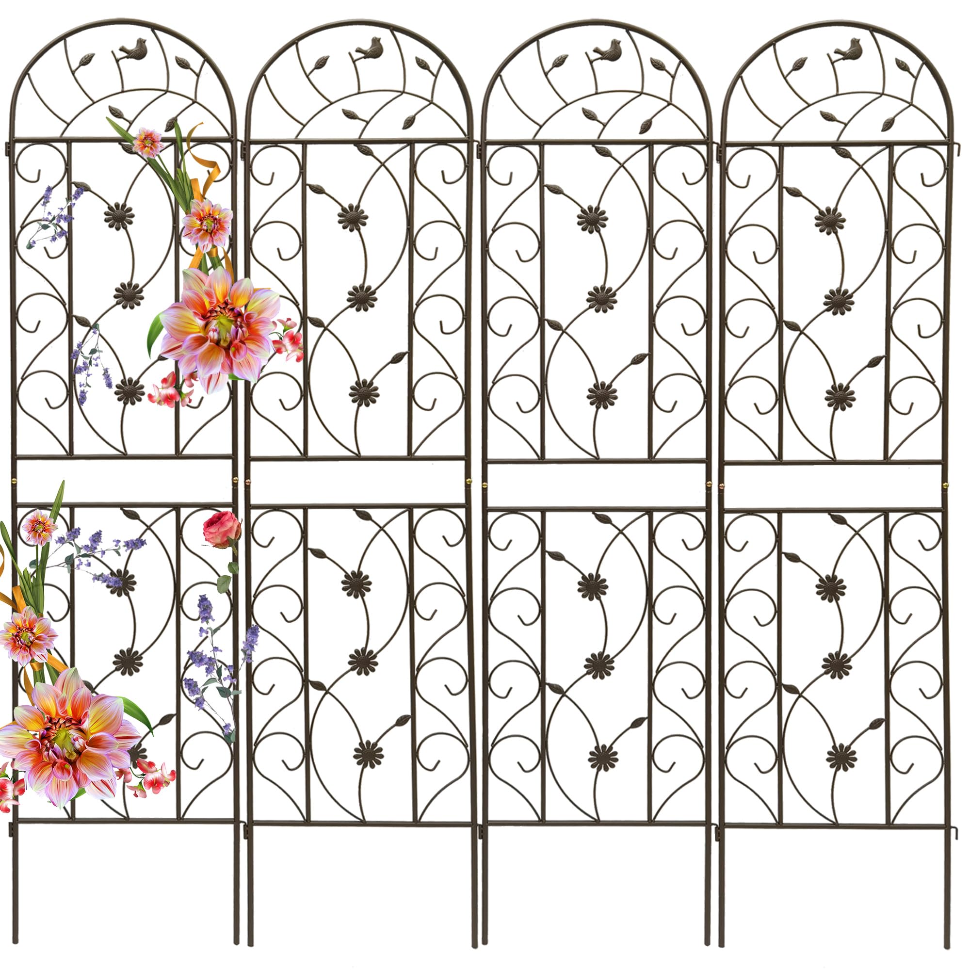 Enrejados de jardín, paquete de 4 enrejados inoxidables con revestimiento de metal marrón para plantas trepadoras al aire libre, rosas, vides, flores y verduras, 19.7 x 86.7 pulgadas