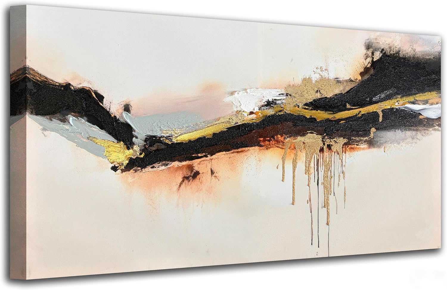 Enartly Abstract Canvas Wall Art 40"x20", Black & Gold Dripping Flow Painting with Hand-Painted Rich Textural Brushstrokes, Modern Minimalist Contemporary Art for Living Room, Bedroom, Office Decor