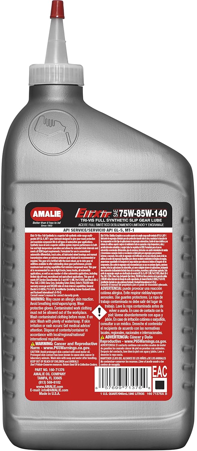 AMALIE Elixir Synthetic Tri-Vis Plus Limited Slip GL-5 75W-85W-140 (160-71376-56) 1 Quart Bottle, Pack of 12 | Made in USA