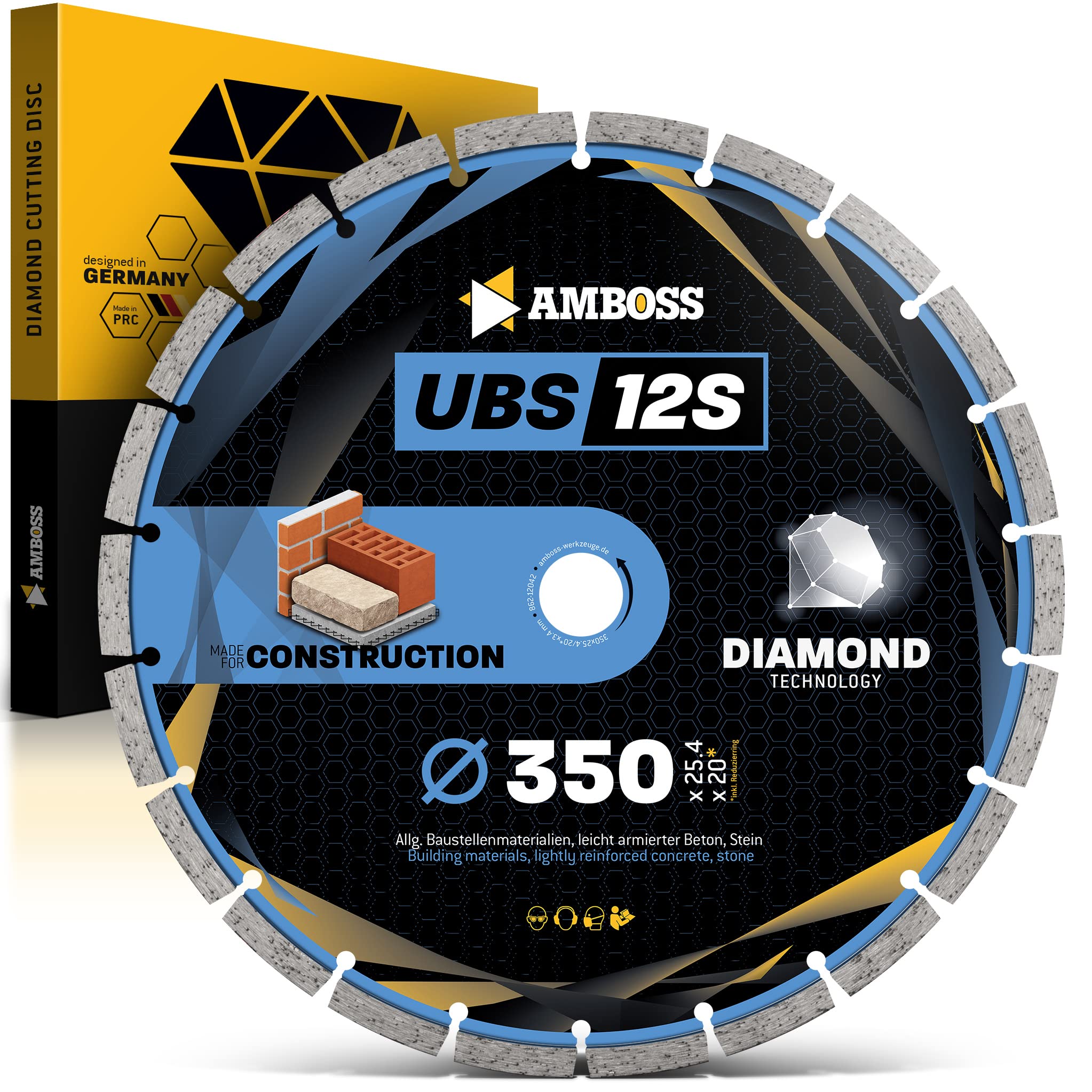 Amboss UBS 12S "Standard" - Disco da taglio diamantato, per cemento/pietra, diametro & foro a scelta, altezza segmento: 10 mm (sinterizzato), Ø 350 mm x 25,4 mm, 1