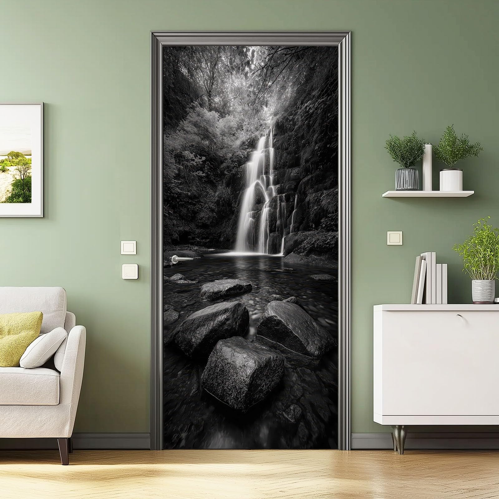 Ciemny las, wodospad, tapeta na drzwi, samoprzylepna, naklejka na drzwi, 80 x 210 cm, naturalny krajobraz PCW, plakat na drzwi, naklejka ścienna, czarna fototapeta na drzwi, folia samoprzylepna do