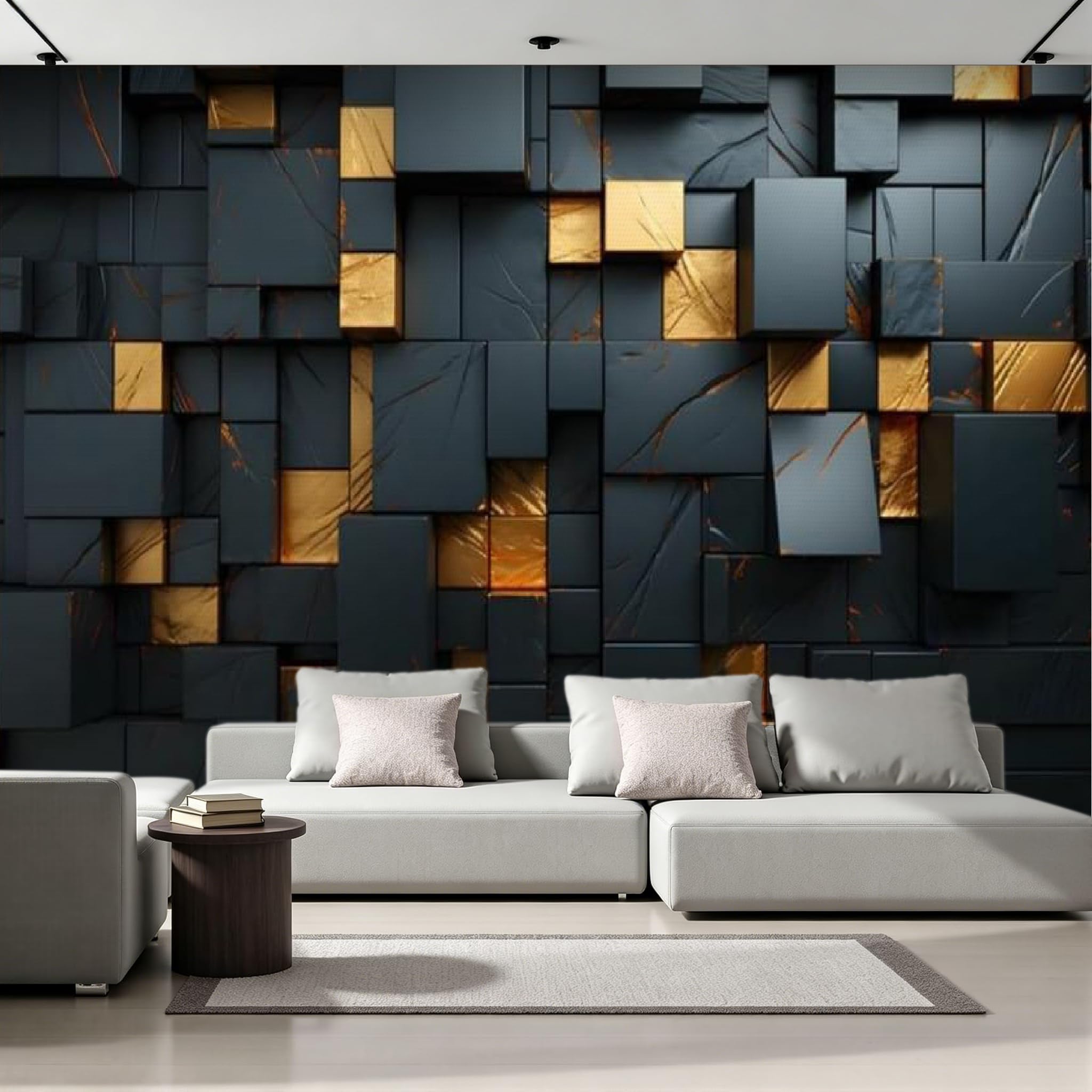 Papel Tapiz Fotográfico 300x256 cm Negro Y Dorado Geometría 3D Murales Tejido No Tejido Fondo Moderno Y Con Bloques Póster Moderna Fotomurales Para Cuarto de Niño Salón Dormitorio Oficina Decor B-247