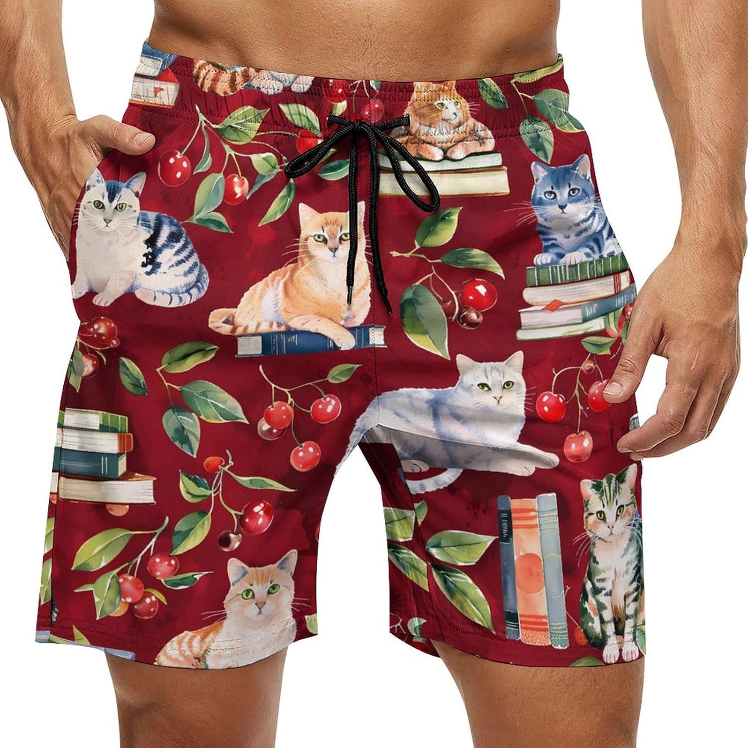 Cats Books Cherry Fruit Casual Men's Swim Trunks Novelty Summer Beach Shorts Swimwear with Pocket