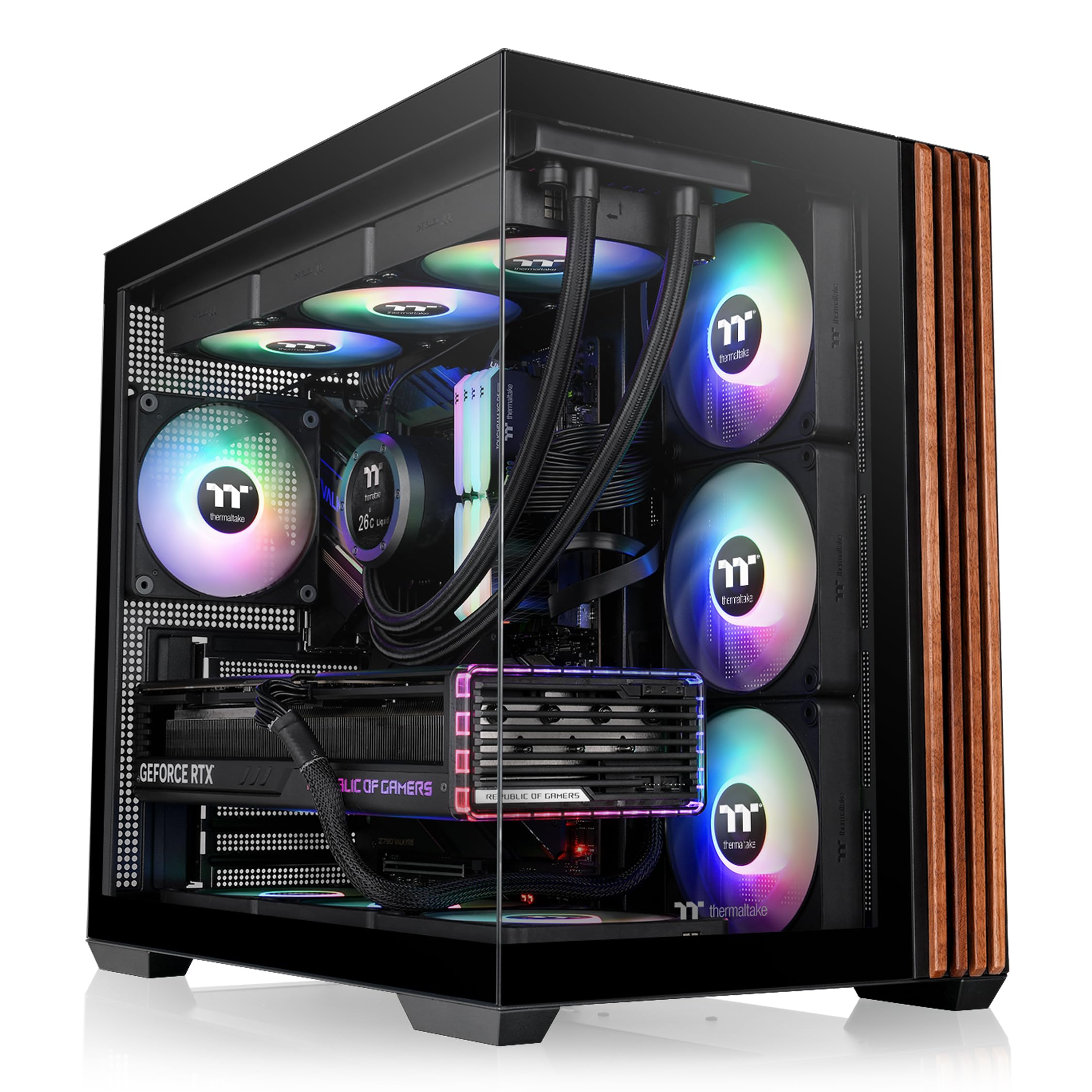 Thermaltake View 380 WS ARGB; chasis de Torre Media; moldura Lateral de Madera; Ventiladores ARGB Lite de 4 x 120 mm incluidos; Espacio de GPU de 415 mm; cámara Dual; ATX/mATX/mITX; Soporte de