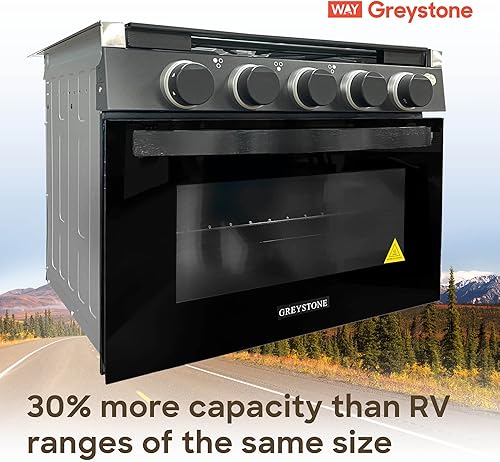 Miniatura 2 de Greystone, estufa de gas RV de 17 pulgadas, combo de estufa y horno, 12 voltios, LP, 3 quemadores, molduras de acero inoxidable con pomospuerta