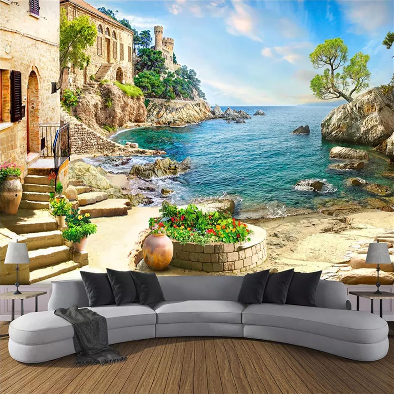 Paysage mural château 3D pour décoration chambre enfant