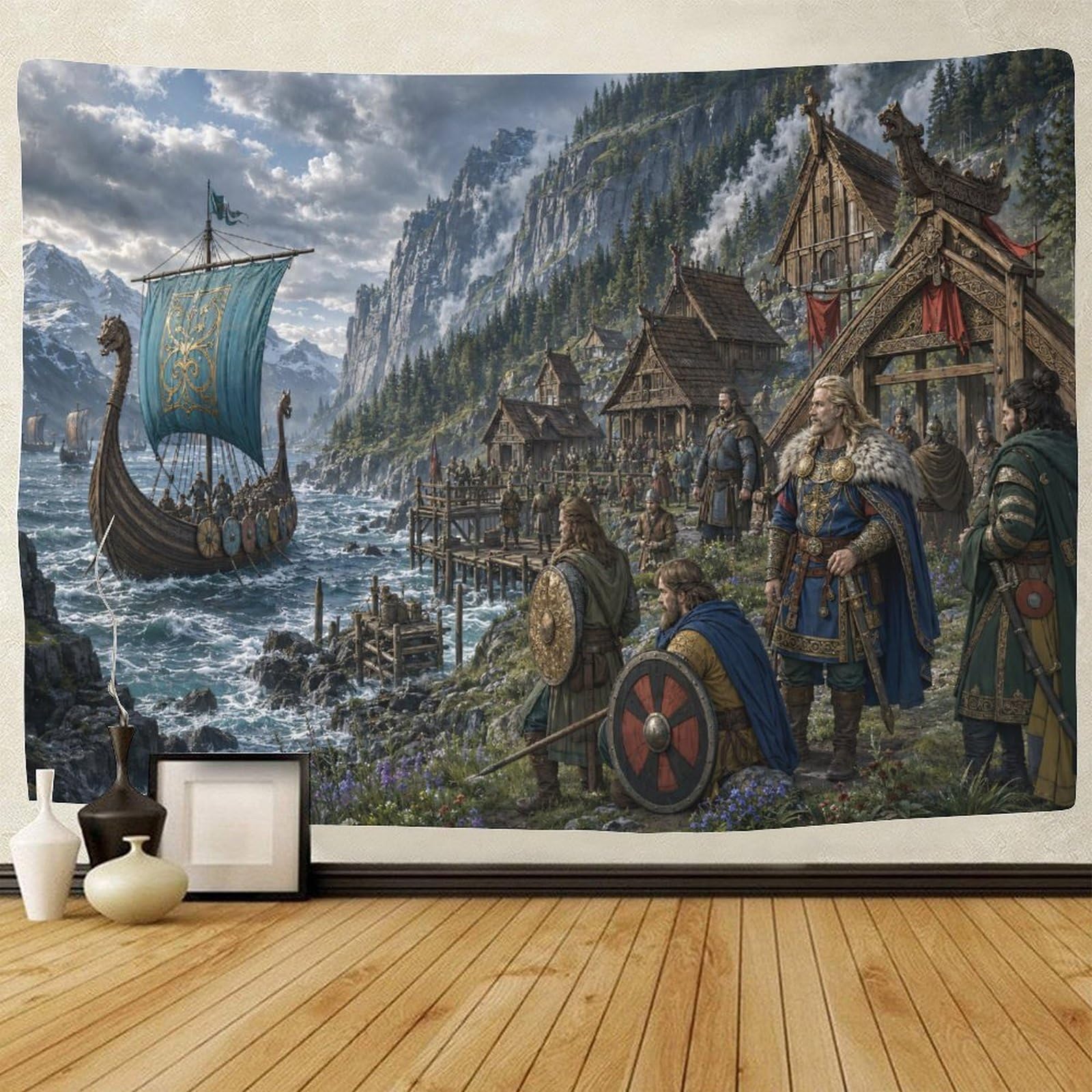 GPMNBCXZK Viking Longship Nordic Fjord Village Wall Tapestry 3D Print Wall Art Decor Tapestries Poster Home Decoration Living Room Dorm 130cmx150cm
