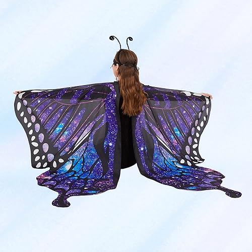 Miniatura 4 de Tibeha Disfraz de mariposa de Halloween para mujer, chal con alas para adultos, con máscara de encaje y diadema de antenas
