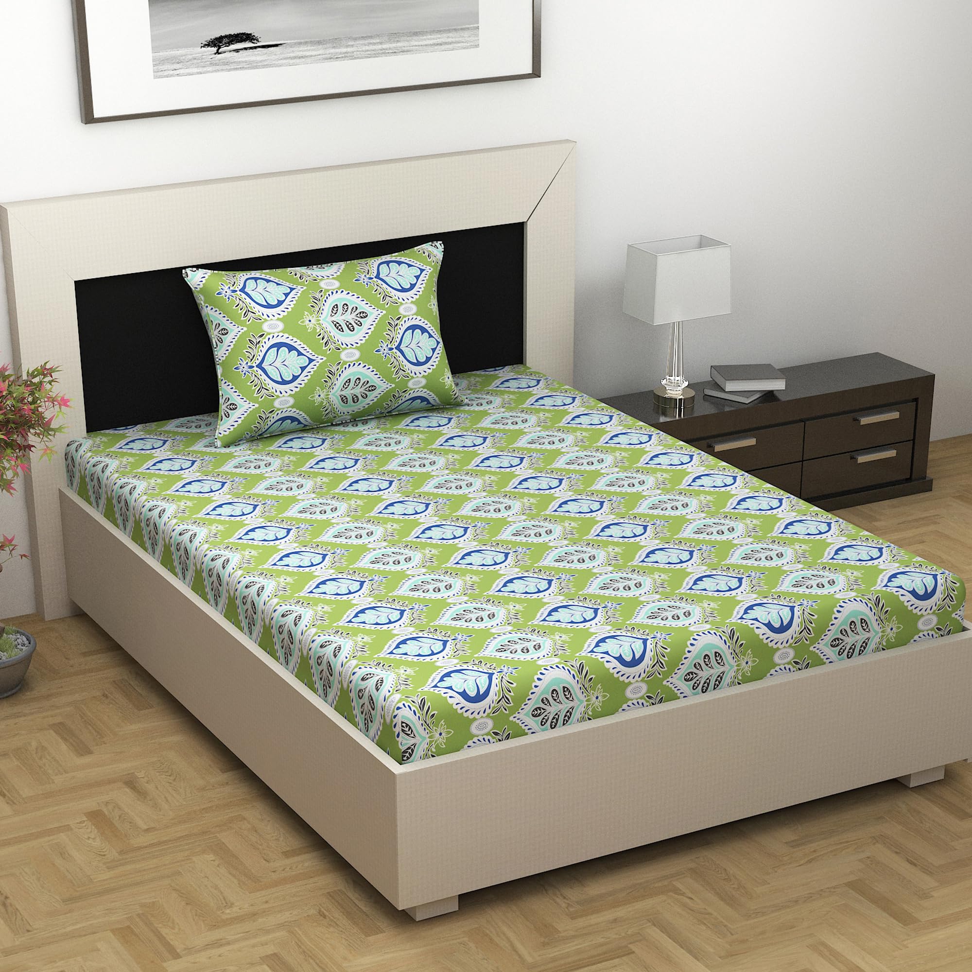 Divine Casa Bedsheet for Single Size Bed 144 TC Cotton Bedsheet for Single Size Bed with 1 Pillow Cover (145 X 223 cm) Floral Palm Green Cotton Bedsheet