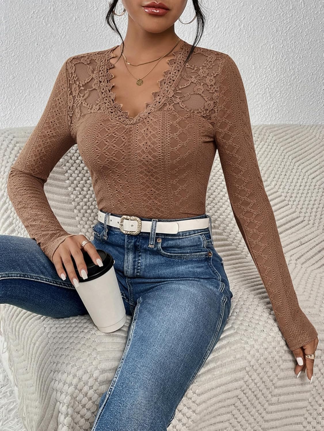 SOLY HUX Women's Lace Trim Tee Shirt Long Sleeve Eyelet Tops Casual V Neck Slim Fit Shirts Fall Outfit Clothes - Image 6