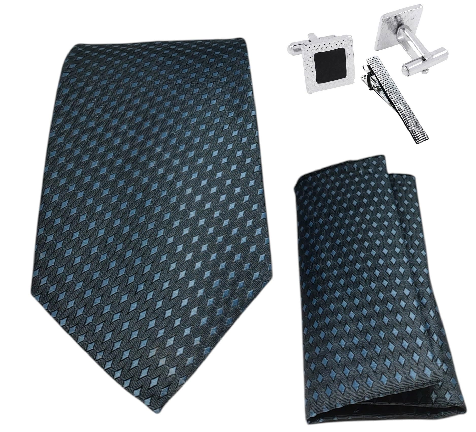 FashMade Premium Italian Silk Tie, Pocket Square with Square Brass Cufflinks & Silver Honeycomb Tie Pin Combo in Leather Gift Box for Men – Formal & Wedding Set tp-39-image-39