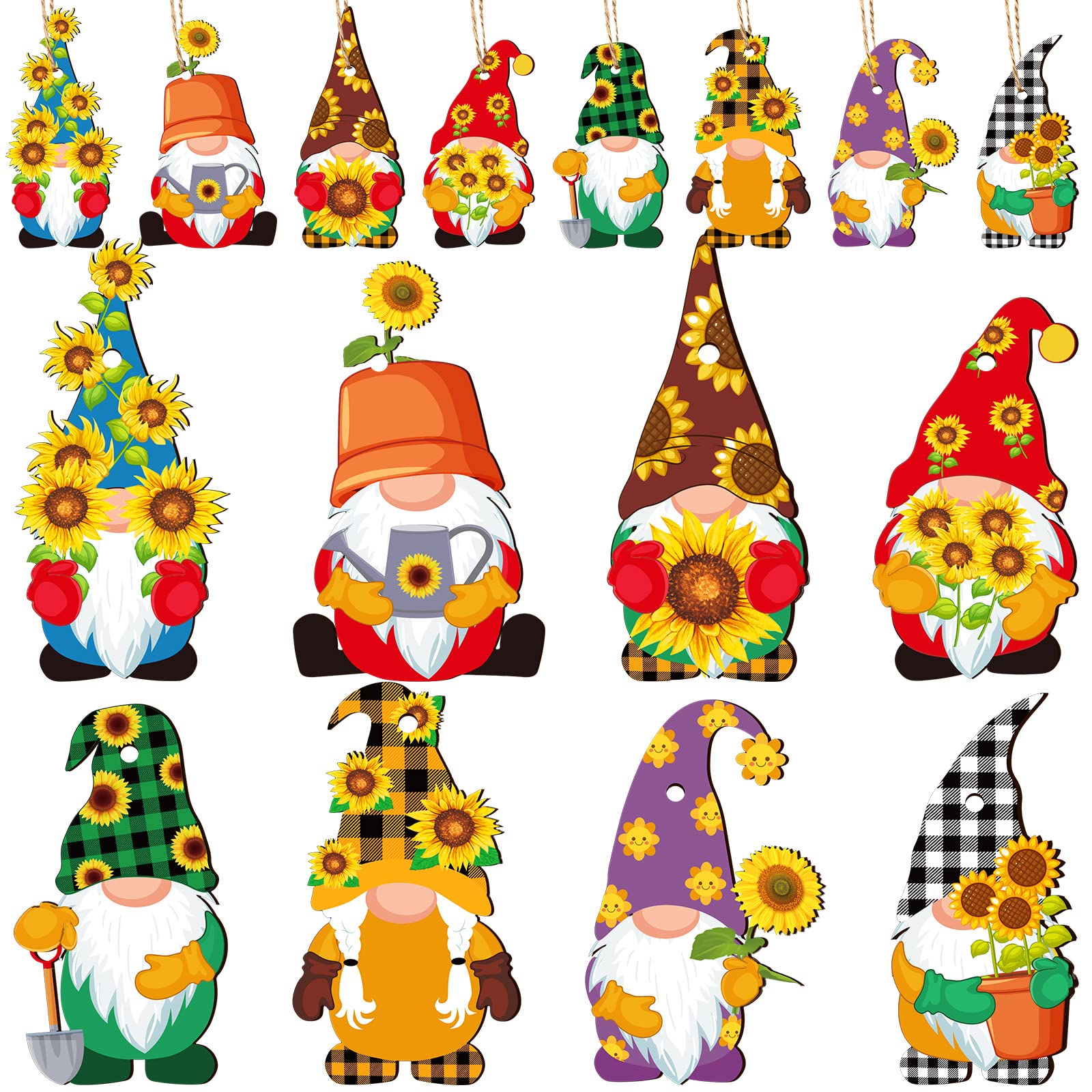 40 Pieces Sunflower Gnome Wooden Ornament Hanging Pendant Spring Summer Gnomes Wood Sunflower Tree Decorations with Burlap Rope for Baby Shower