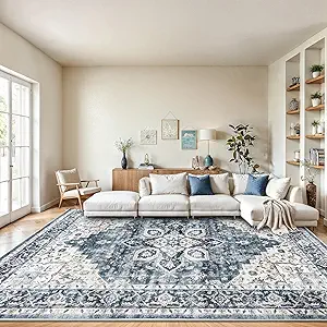 AMADA HOMEFURNISHING 8x10 Washable Area Rug, Low-Profile Large Area Rug with Non-Slip Backing & Durable Edge Binding, Vintage Large Rugs for Living Room, Bedroom, Dinning Room