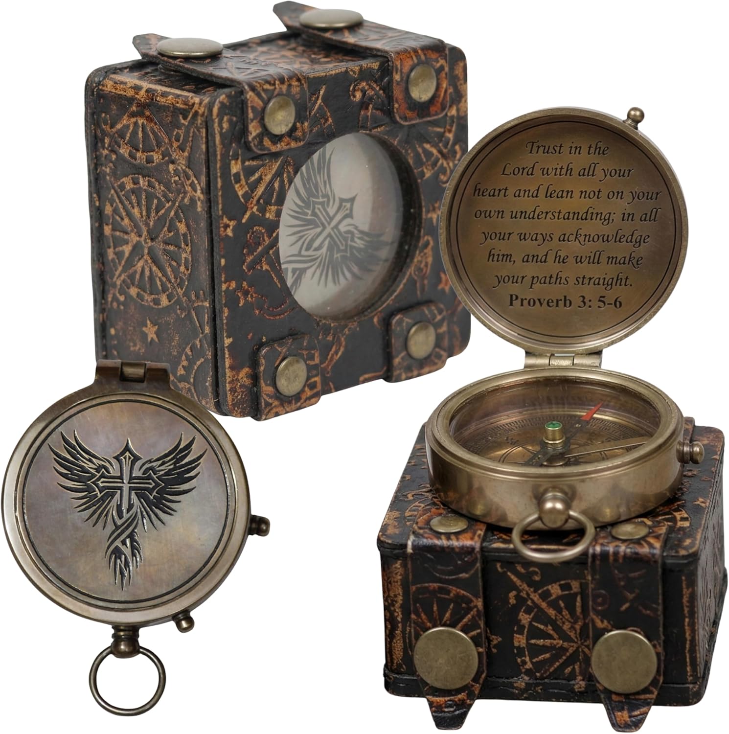 Handmade Brass Antique Compass with Leather Case – Vintage Finish Functional Pocket Navigation Tool for Travel, Hiking & Gift