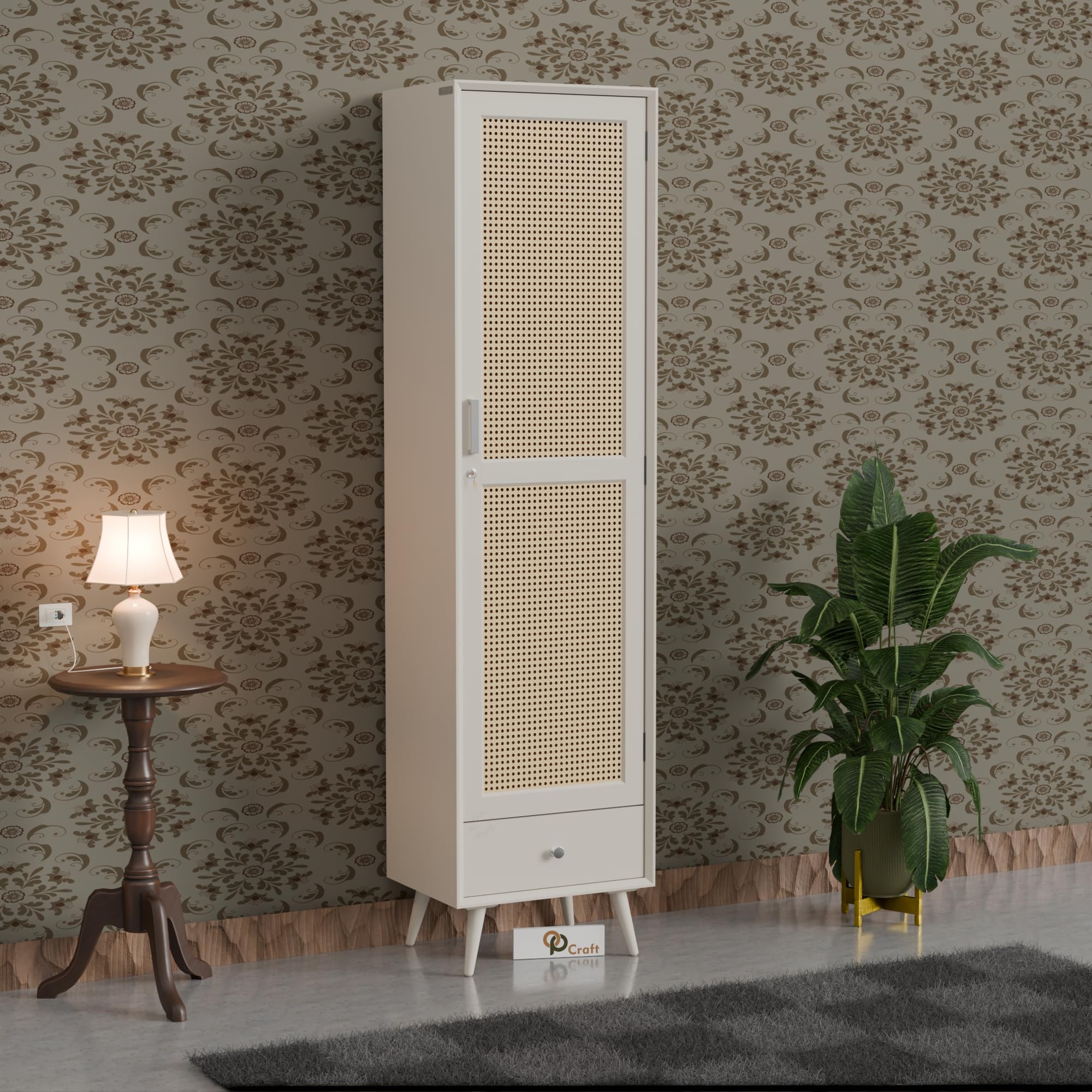 Solid Wood Wardrobe Cabinet with Cane Door & Drawer | Tall Wooden Storage Unit with Shelves | Modern Slim Almirah for Bedroom, Living Room (White Finish)-image-23