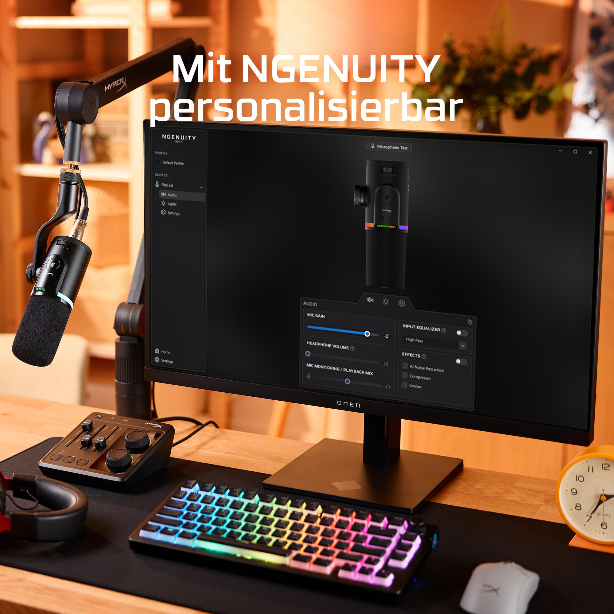 HyperX FlipCast Dynamisches USB/XLR-Mikrofon – Profi-Streaming & Podcast-Mikrofon mit Rauschunterdrückung, RGB-Beleuchtung, Onboard-Steuerung, 192 kHz/32-Bit, Schwarz