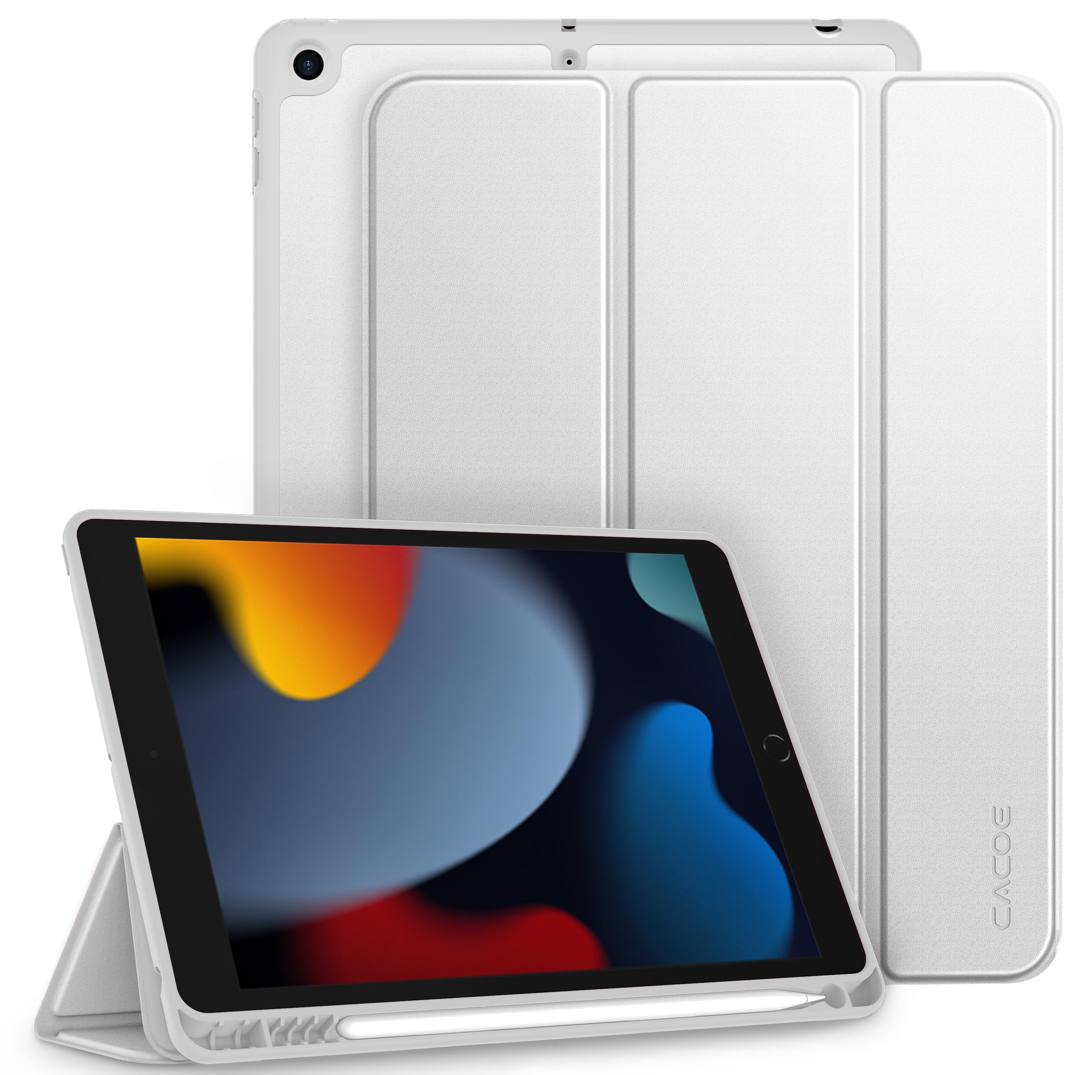 CACOE Cover Custodia Compatibile con iPad 8a Generazione 2020/iPad 7a Gen 2019, Leggero Cover Protettivo Supporto Pieghevole con Pencil Holder per iPad 10.2, Auto Sveglia/Sonno，argento