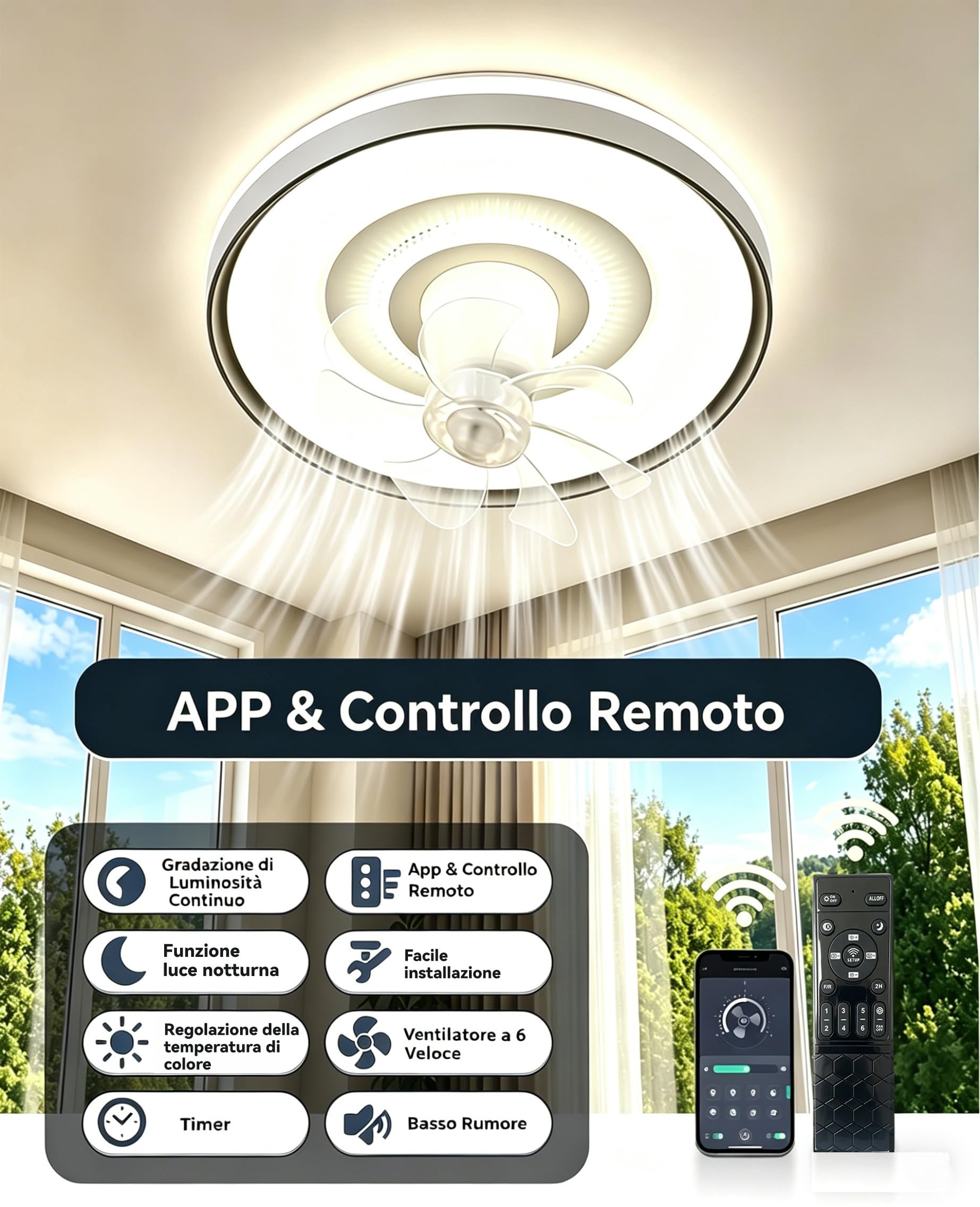 ventilatore da soffitto con luce 50 cm La ventola è orientabile lampadario ventilatore da soffitto, 6 velocità, 3000K-6500K, dimmerabile telecomando e app per soggiorno, camera da letto, ufficio