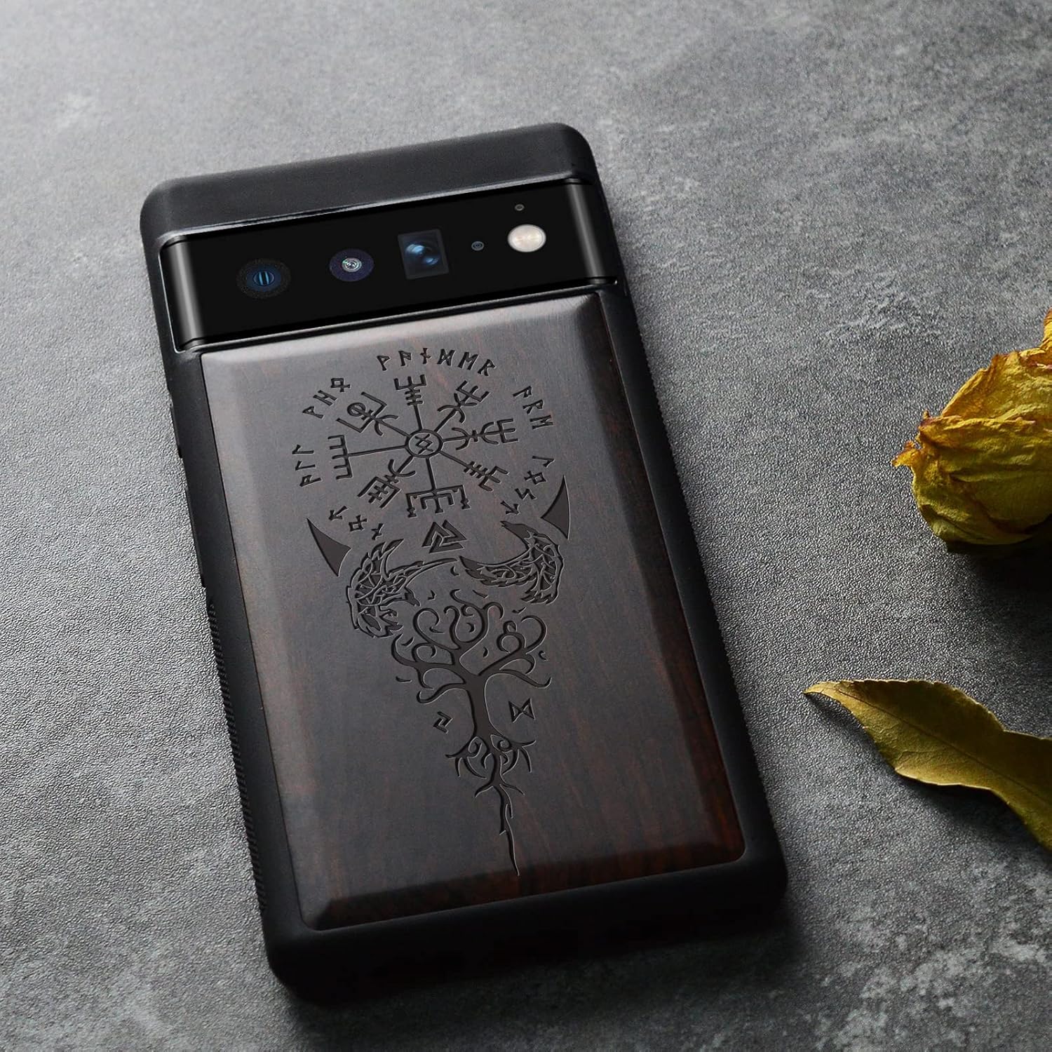 Carveit Wood Case for Pixel 6 Pro Case [Real Wood & Soft TPU] Shockproof Hybrid Protective Unique & Classy Wooden Cover Compatible with Google Pixel 6 Pro (Vegvisir Viking Compass-Blackwood)