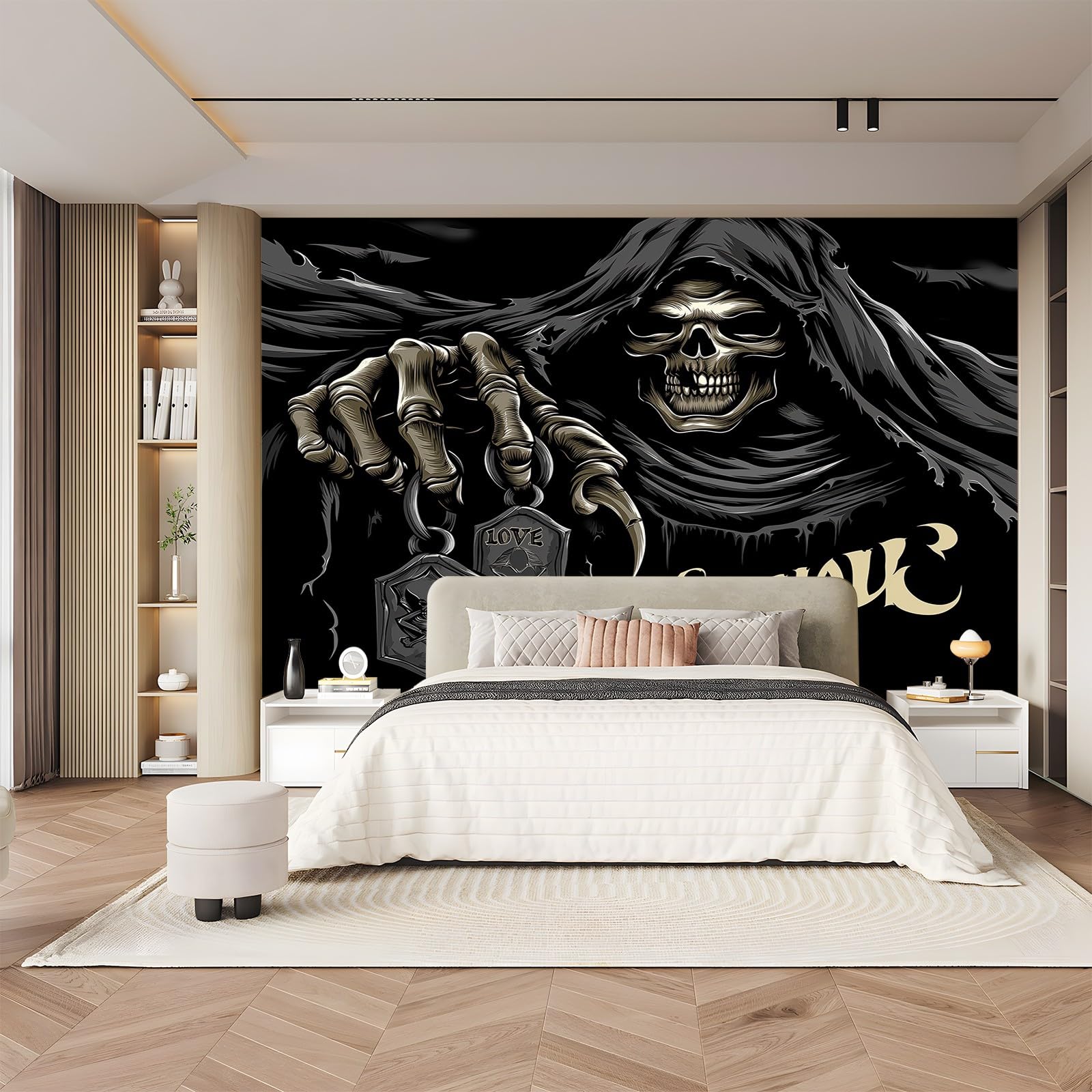 Tapeta z efektem 3D, tapeta ścienna, gotyk, żniwiarz, trupia czaszka, tatuaż ścienny, czarny, do pokoju dziecięcego, salonu, sypialni, korytarza, nowoczesna tapeta z włókniny, tapeta z motywem, 250 x