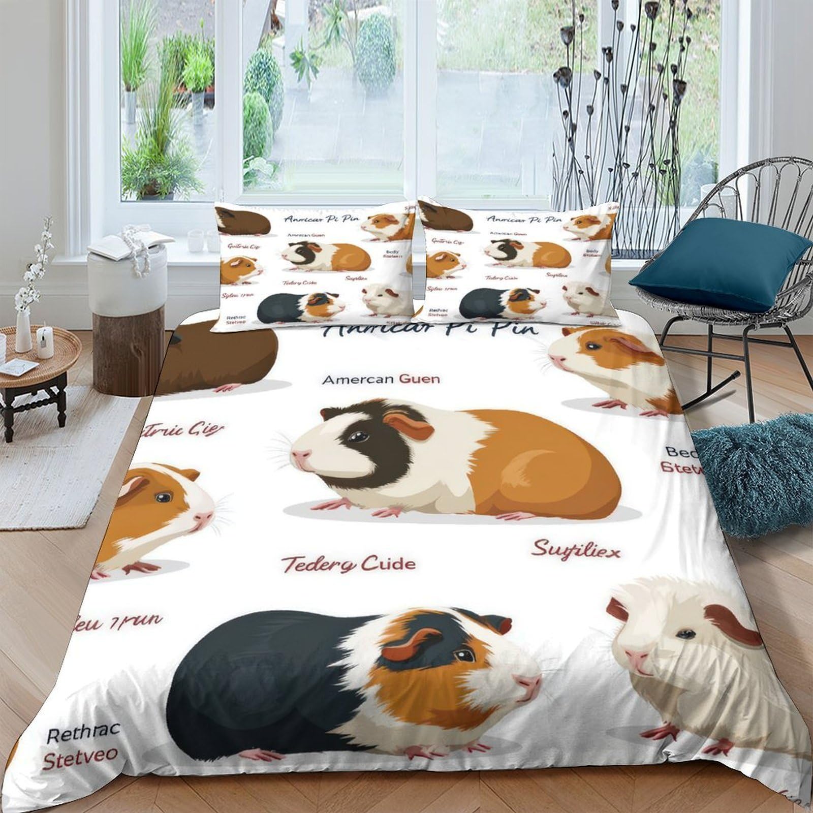 GPLZQXKJNH 3D Printed Guinea Pig Duvet Cover Microfiber Soft Breathable Cute Rodent Bedding Set with 2 Pillowcases for Bedroom Decor, Single（135x200cm）