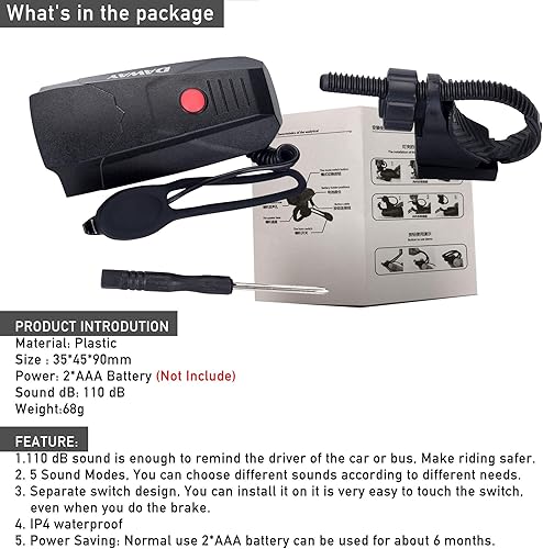 Miniatura 5 de DAWAY A14 110dB Electric Bike Horn - 5 Sound Modes, Loud Bicycle Handlebar Alarm Bell with Free Screwdriver, Ideal Gift for Kids & Adults - Safe &