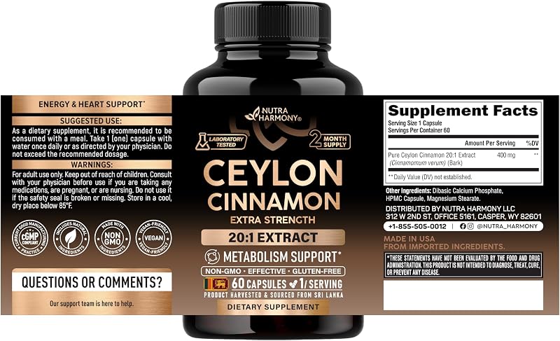 Ceylon Cinnamon Capsules - Energy Heart & Metabolism Support - 60 Capsules image 2