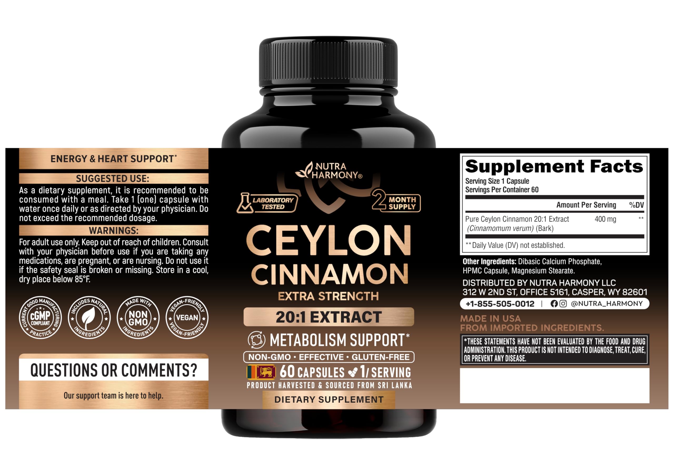 Ceylon Cinnamon Capsules - Energy Heart & Metabolism Support - 60 Capsules — Amazon image 2
