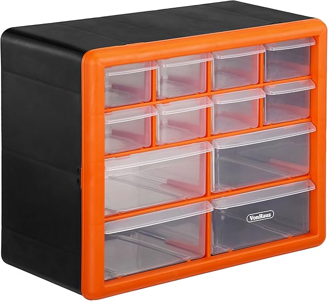 VonHaus 12 Drawer Organiser for Small Parts - DIY Tool Bits, Fixings, Fishing Tackle, Crafts - Black/Orange