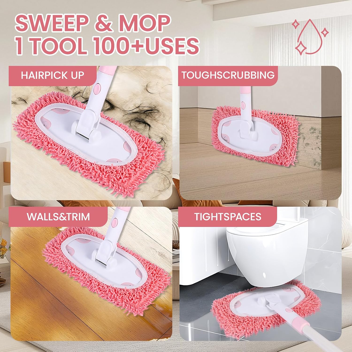 Wet Dry Sweeper Mop with 4 Washable Microfiber Pads