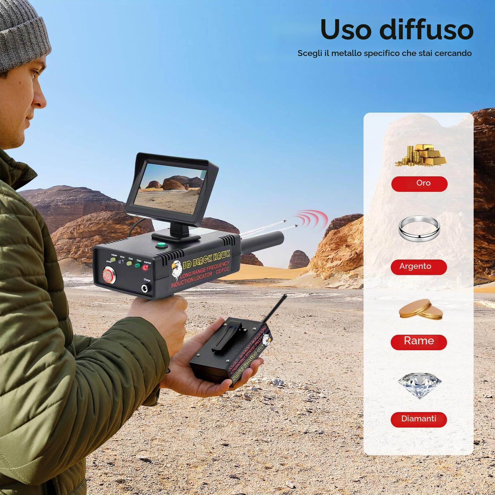 Rivelatore portatile in metallo dorato, 3D, campo di ricerca, 1200 m, profondità di rilevamento 30 m, indicatore LED ad alta precisione professionale (oro, argento, rame, diamante)