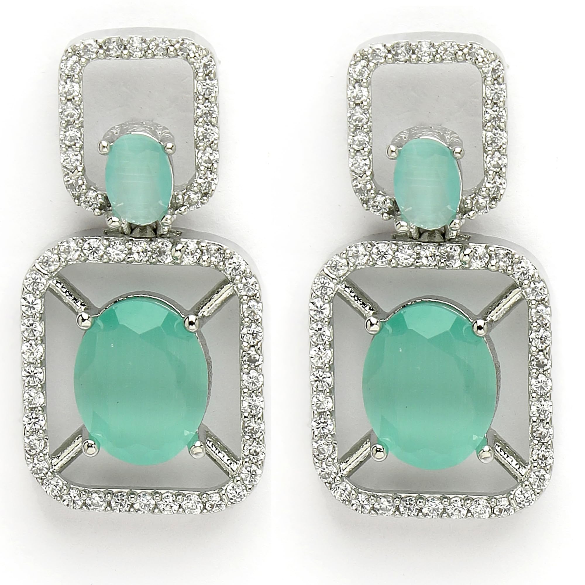 Zeneme Earring Rhodium Plated American Diamond Crystal Studded Hollow Rectangle Silver Plated Flair Earrings For Women & Gifts For Girl (Squerestial Lime Green Earrings) (B0D8Q38HYM) Amazon Price History, Amazon Price Tracker
