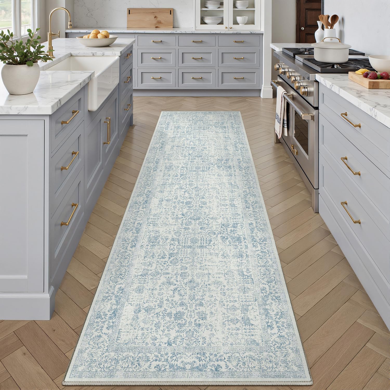 Blue Runner Rug 3x7 Hallway Machine Washable Kitchen Vintage Distressed Non Slip Long Carpet Indoor Retro Floral Bedroom Accent Throw Rug for Bathroom Office Laundry Dining Room 3' x 7' (Runner) Accent | Blue