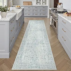 Blue Runner Rug 3x7 Hallway Machine Washable Kitchen Vintage Distressed Non Slip Long Carpet Indoor Retro Floral Bedroom Accent Throw Rug for Bathroom Office Laundry Dining Room