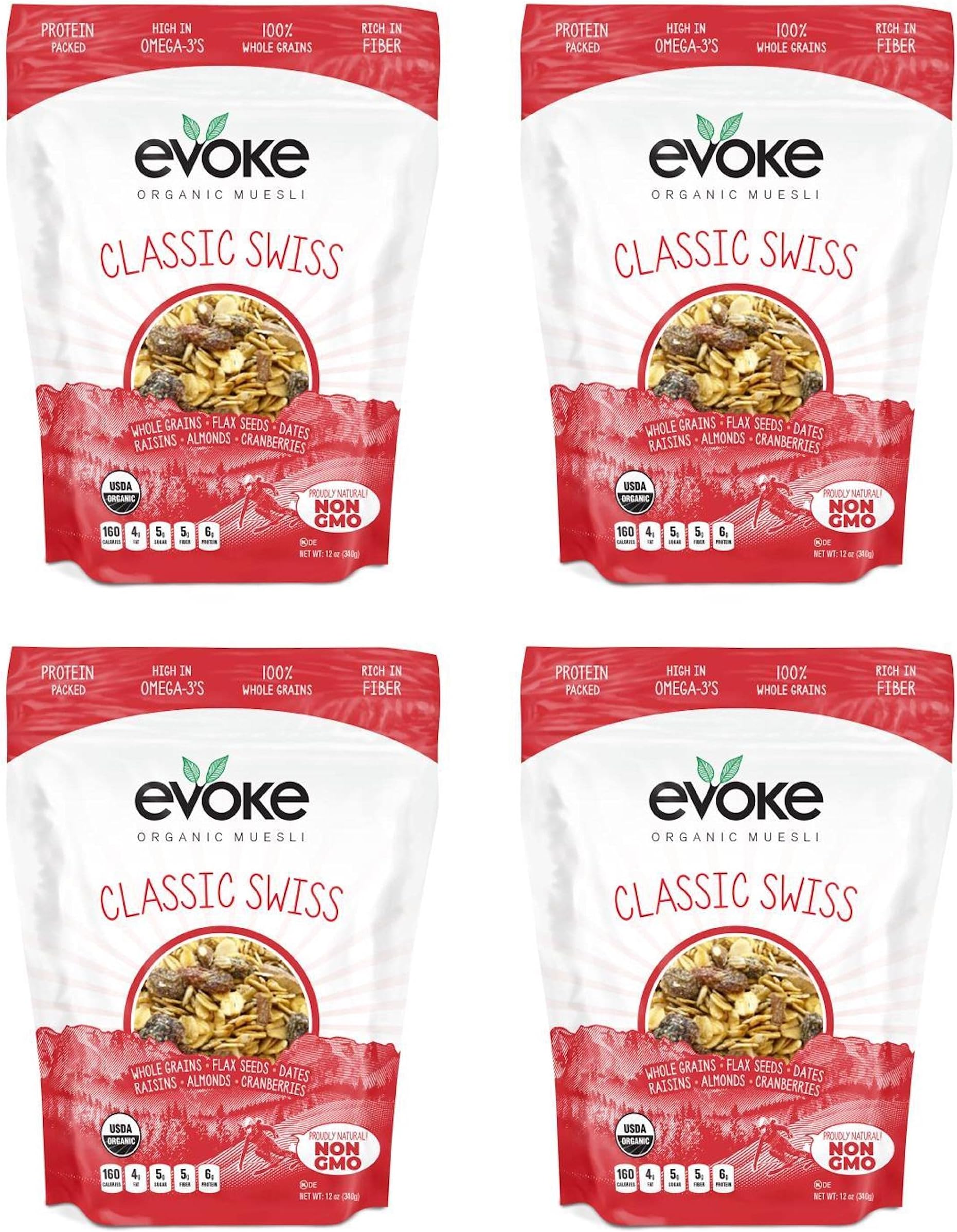 Organic Muesli, Classic Swiss, 12 ounces, PACK OF 4 - Low Sugar, Enjoy cold or hot! Overnight Oats, Bircher Muesli Cereal! Non GMO, Vegan