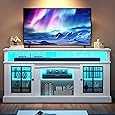 DWVO LED Farmhouse Television Stand for Living Room, 32'' Tall Entertainment Center for 65/55 Inch TV, Media Console TV Table with Storage Cabinet, Adjustable Shelves and Glass Doors, White & Brown
