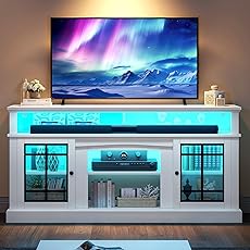 DWVO LED Farmhouse Television Stand for Living Room, 32'' Tall Entertainment Center for 65/55 Inch TV, Media Console TV Table with Storage Cabinet, Adjustable Shelves and Glass Doors, White & Brown
