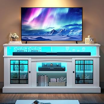 DWVO LED Farmhouse Television Stand for Living Room, 32'' Tall Entertainment Center for 65/55 Inch TV, Media Console TV Table with Storage Cabinet, Adjustable Shelves and Glass Doors, White & Brown