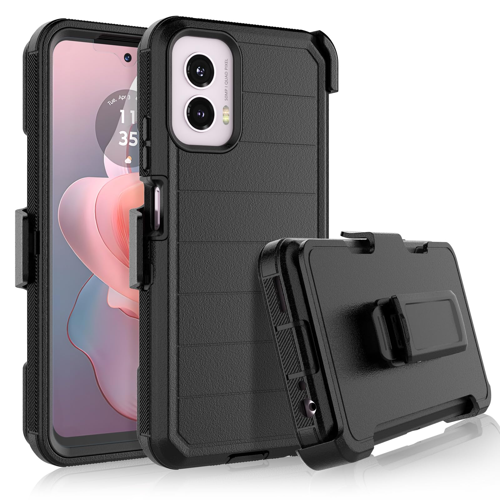 Rugged Armor Case With Belt Clip Holster & Tempered Glass For Moto G Play 4G 2024 2 thumbnail image