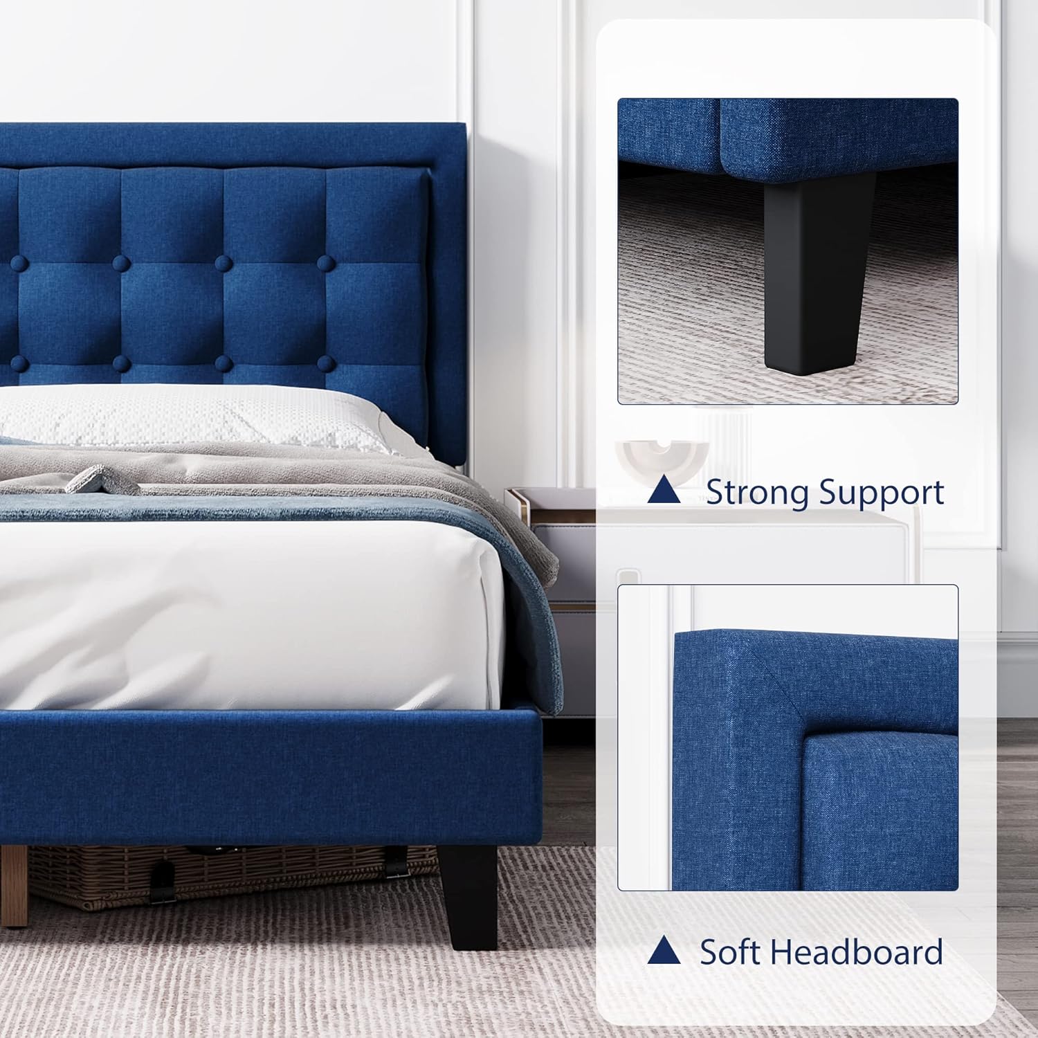 Senfot King Size Platform Bed Frame with Upholstered Button Tufted Headboard, Metal Foundation with Wood Slats Support No Box Spring Needed for Bedroom in Blue