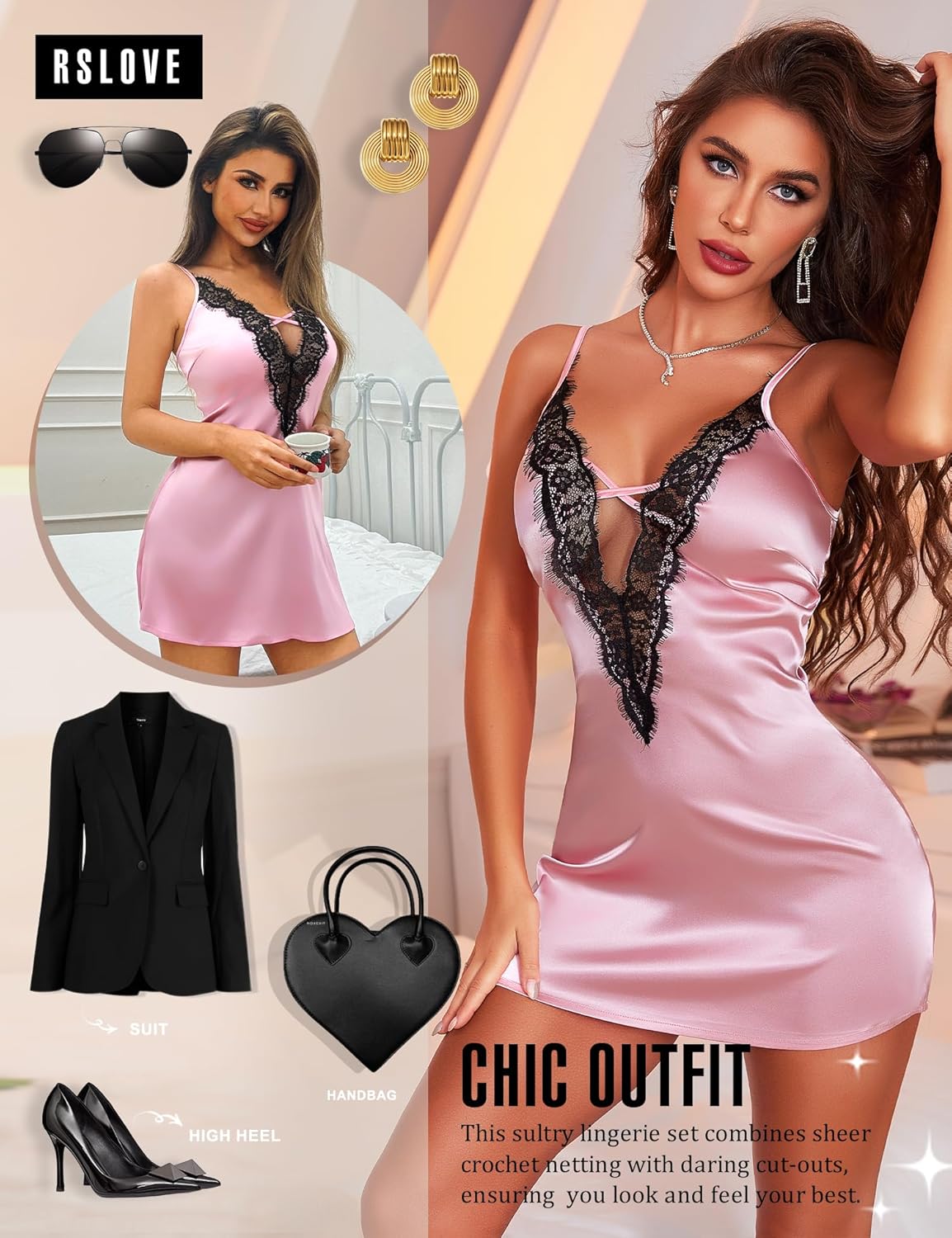 RSLOVE Women's Lingerie Sexy Nightgown - Satin Lace Babydoll Deep V Chemise Full Slips Nightie Sleepwear - Image 5