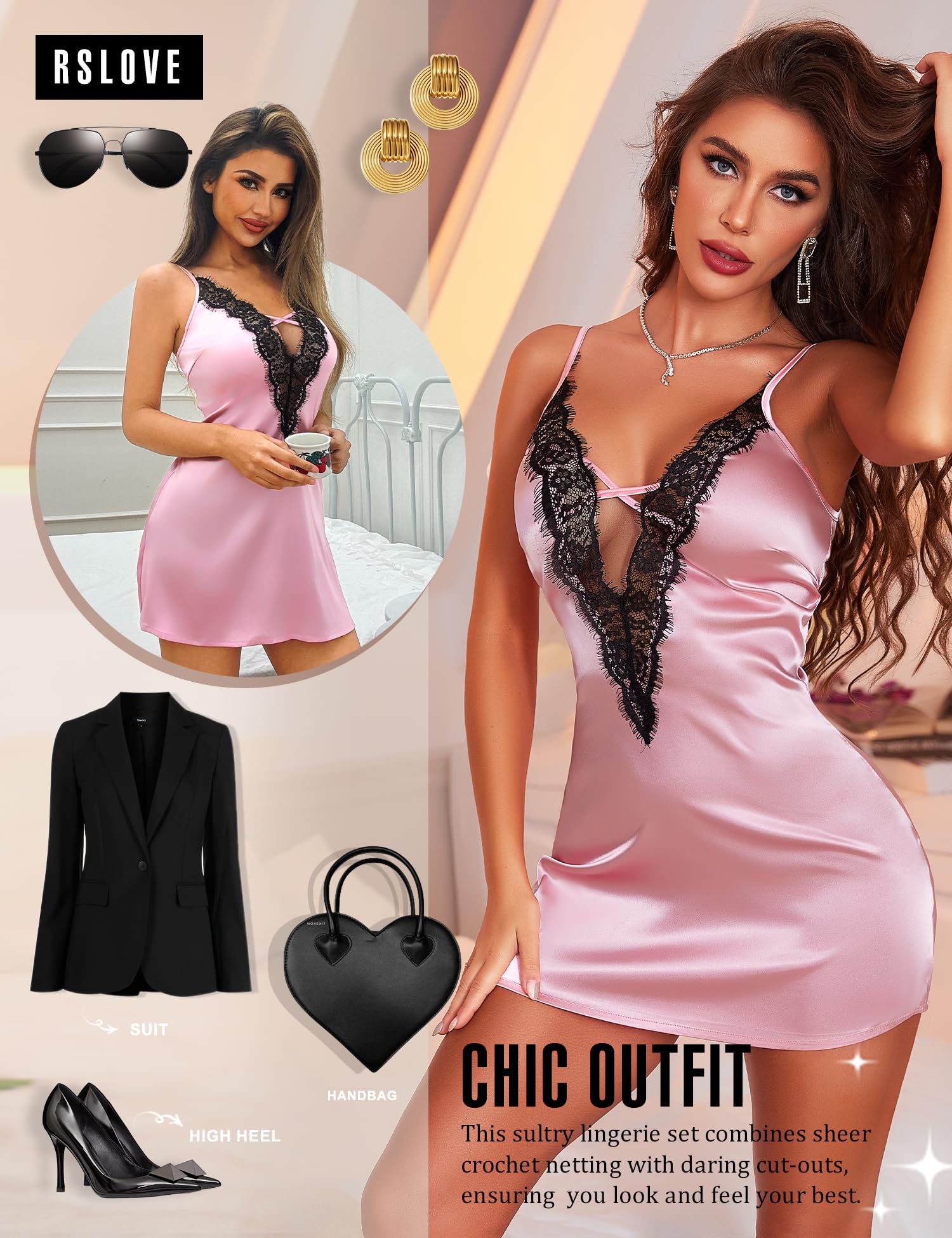 RSLOVE Women's Lingerie Sexy Nightgown - Satin Lace Babydoll Deep V Chemise Full Slips Nightie Sleepwear: XX-Large Pink