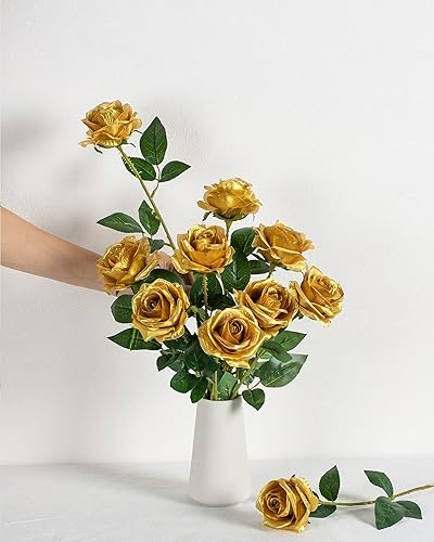 Miniatura 4 de DuHouse 10 rosas artificiales de seda, rosas artificiales para arreglos de boda, fiesta, decoración del hogar (dorado)