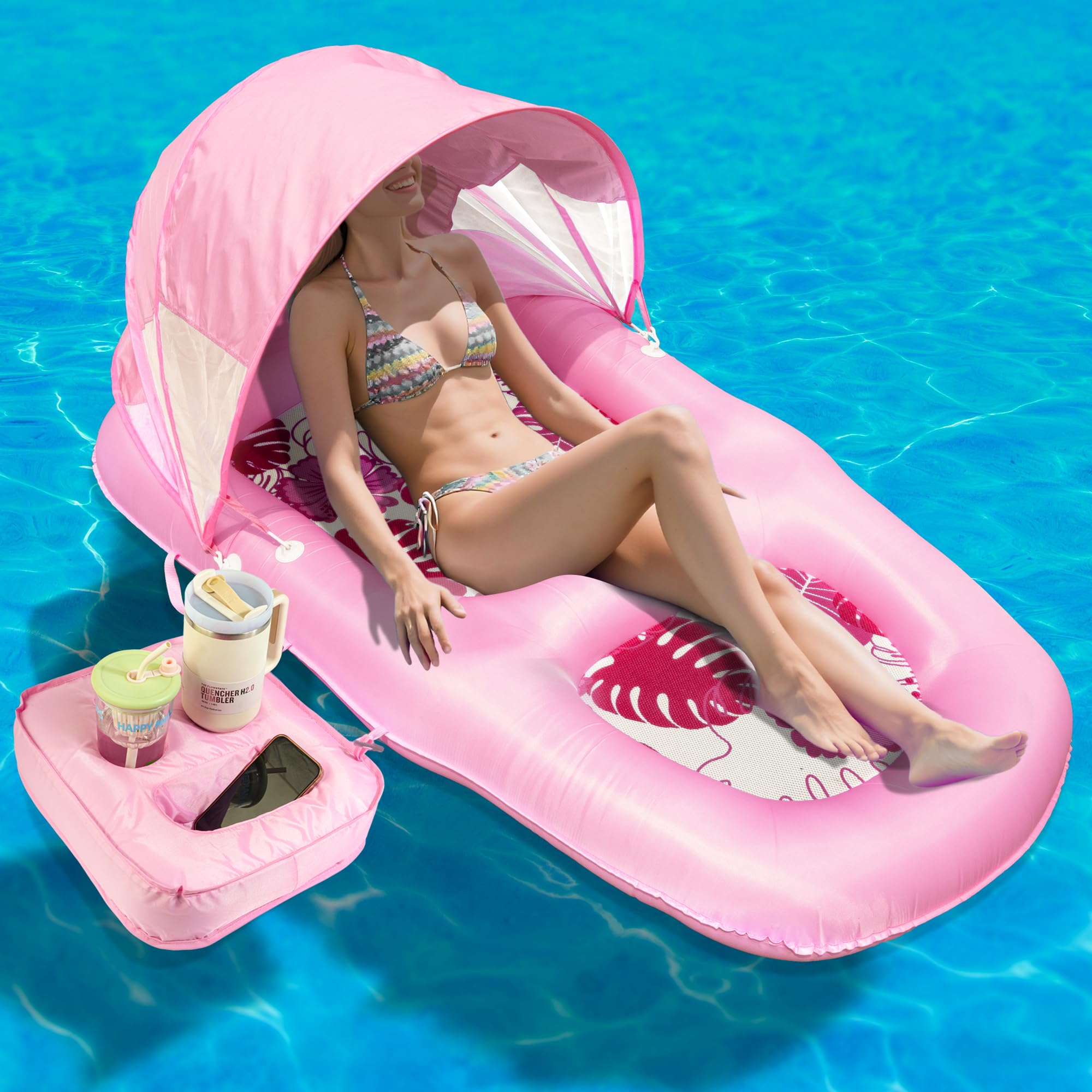 Fabric Covered Inflatable Pool Lounger Float Adult, 70"x39" Extra Large Pool Float w/ UPF50+ Sunshade Canopy & Cupholder Caddy, Water Floaties Raft