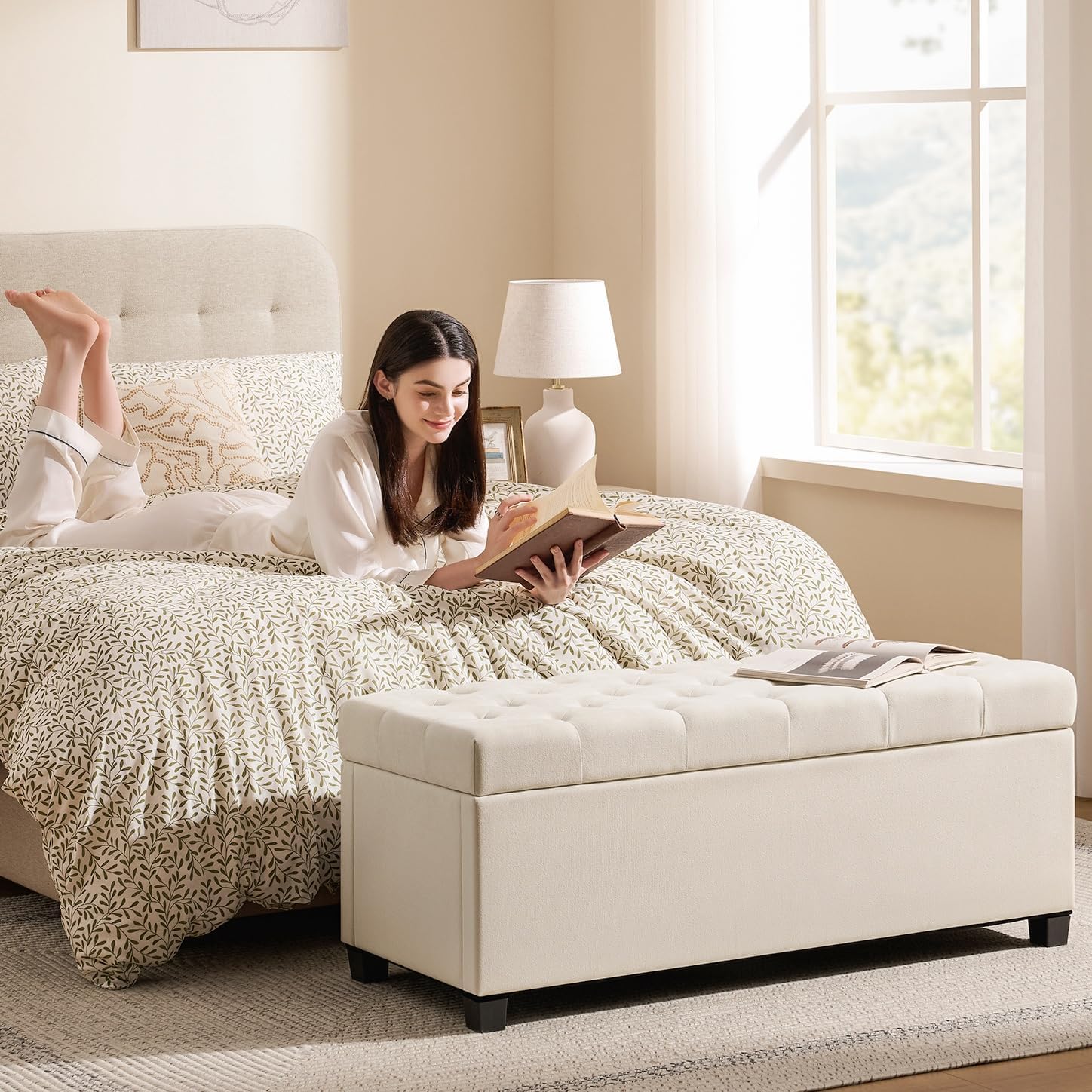 47.2" Ottoman with Storage, Storage Ottoman Bench with Safety Hinge,Tufted End of Bed Bench, Upholstered Entryway Bench for Bedroom, Living Room & Window (Ivory-Upgraded Version) - Image 3