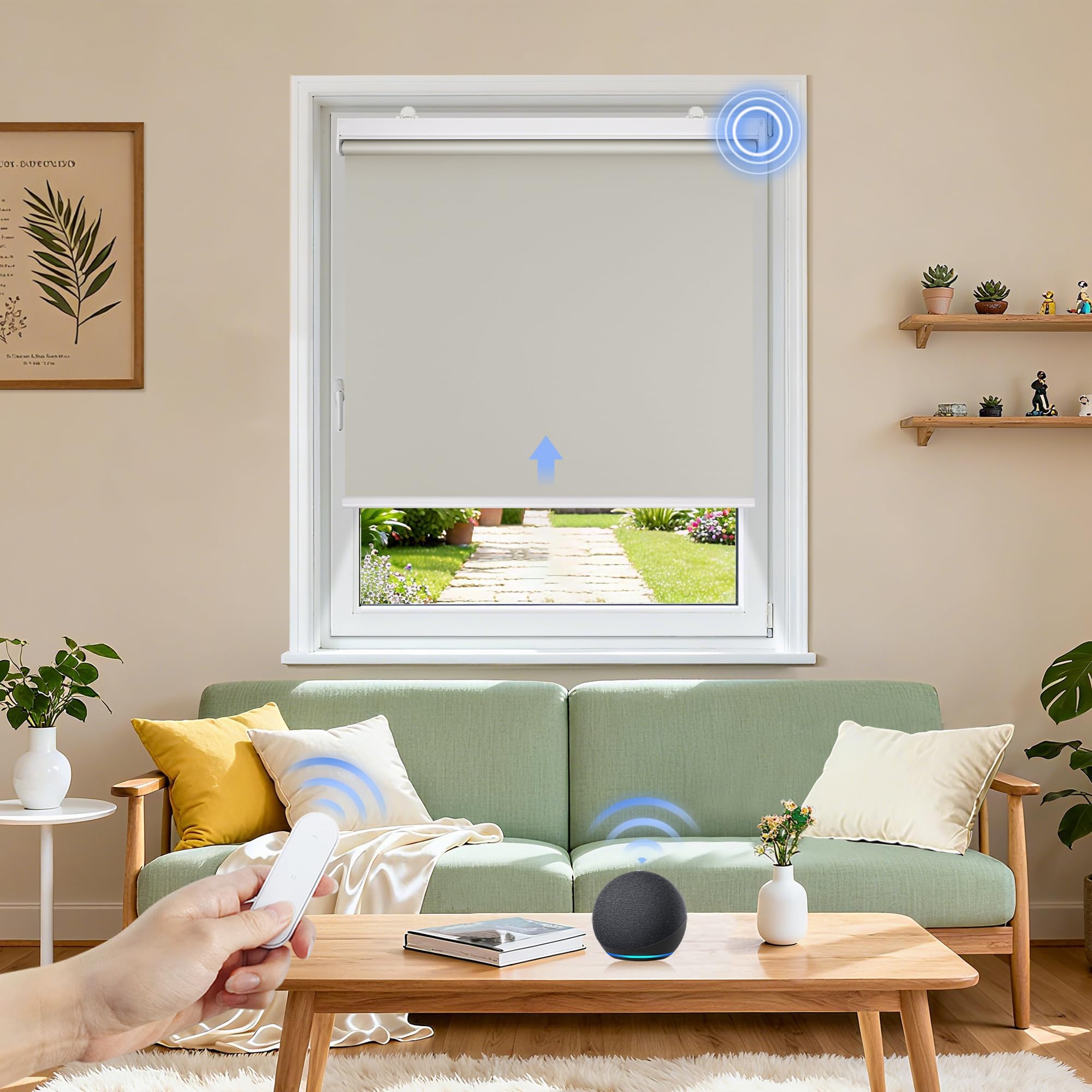 Grandekor Motorized Blinds with Remote Control, Blackout Roller Shade Electric Shades Cordless Smart Blinds for Bedroom Living Room Office,Beige,W35xH72