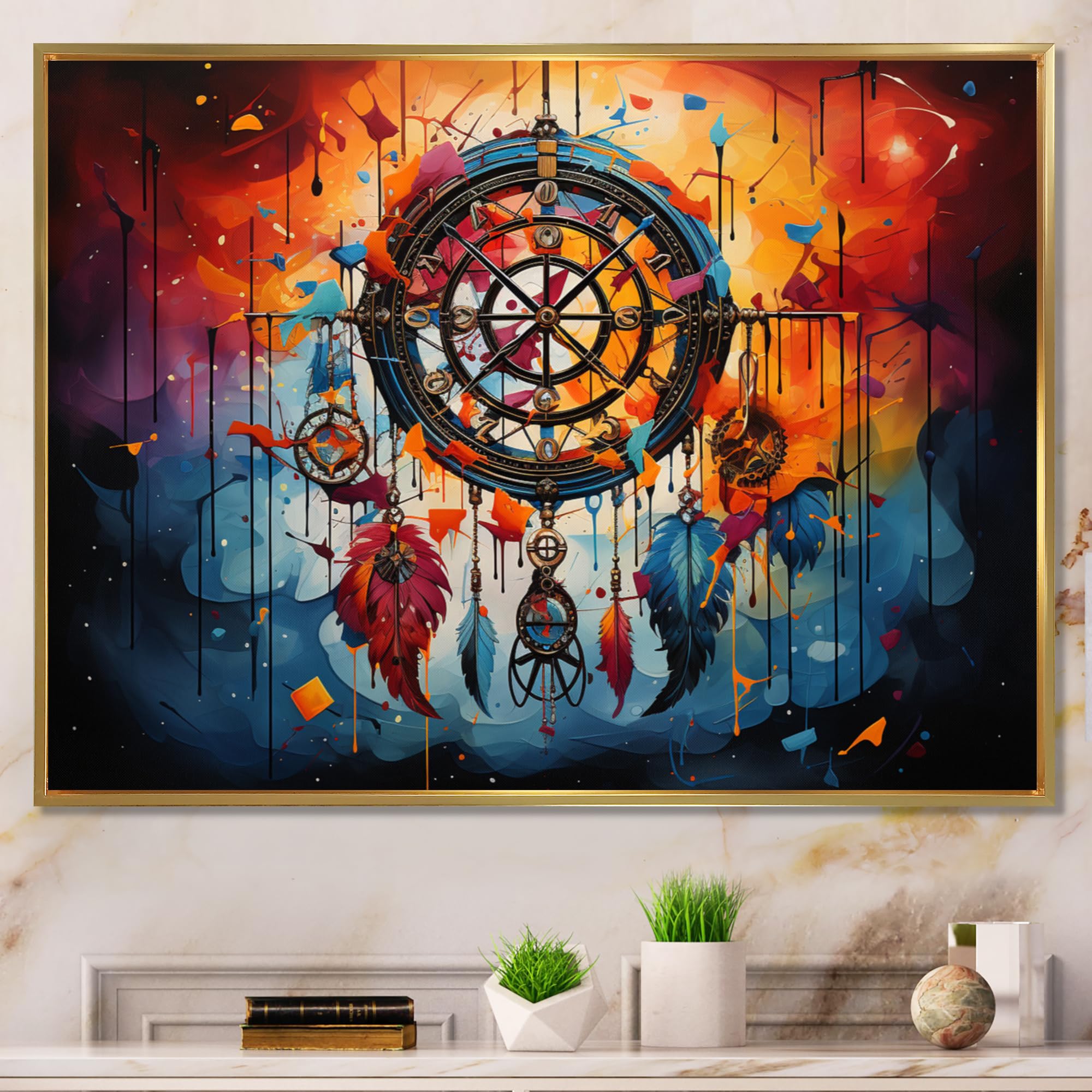 Dream catcher framed wall Art, Bold and Dreamy Orange Dream Catcher I, Dream catcher framed wall art decor, Orange Traditional Gold framed wall art, 44x34 inches Gold Frame