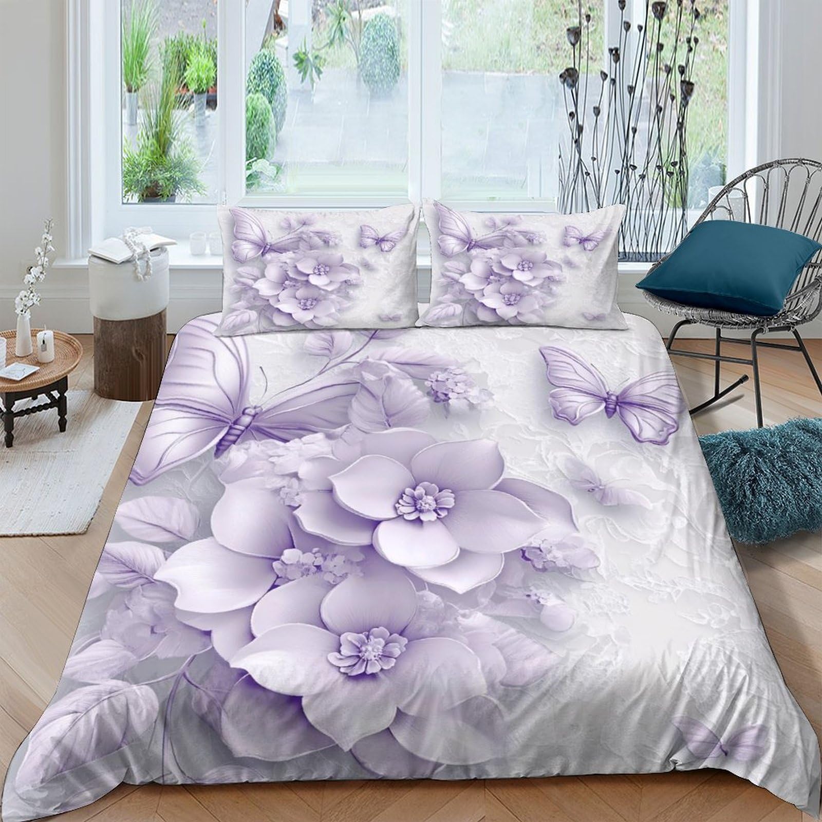 GPLZQXKJNH 3D Printed Lavender Floral Duvet Cover Microfiber Soft Breathable Butterfly Bedding Set with 2 Pillowcases for Bedroom Decor Single（135x200cm）
