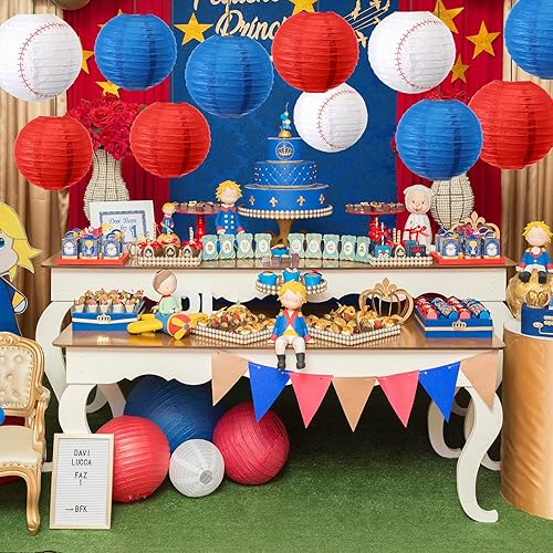 Miniatura 4 de Fabbay 12 linternas de béisbol rojas, blancas y azules, farol de papel de béisbol para deportes, cumpleaños, baby shower, boda, suministros